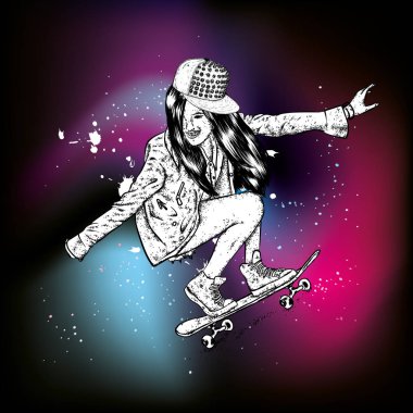 Kot pantolon ve spor ayakkabı giyen şık bir patenci. Kaykay mı? Bir kartpostal ya da poster için vektör çizimi, giysiler için baskı. Sokak kültürleri.
