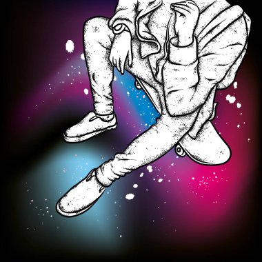 Kot pantolon ve spor ayakkabı giyen şık bir patenci. Kaykay mı? Bir kartpostal ya da poster için vektör çizimi, giysiler için baskı. Sokak kültürleri.