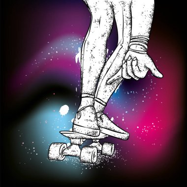 Kot pantolon ve spor ayakkabı giyen şık bir patenci. Kaykay mı? Bir kartpostal ya da poster için vektör çizimi, giysiler için baskı. Sokak kültürleri.