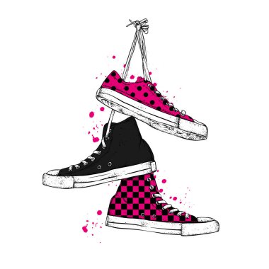 Şık spor ayakkabı çizilmiş. Vektör çizim için bir kartpostal veya poster, giysiler için yazdırma.