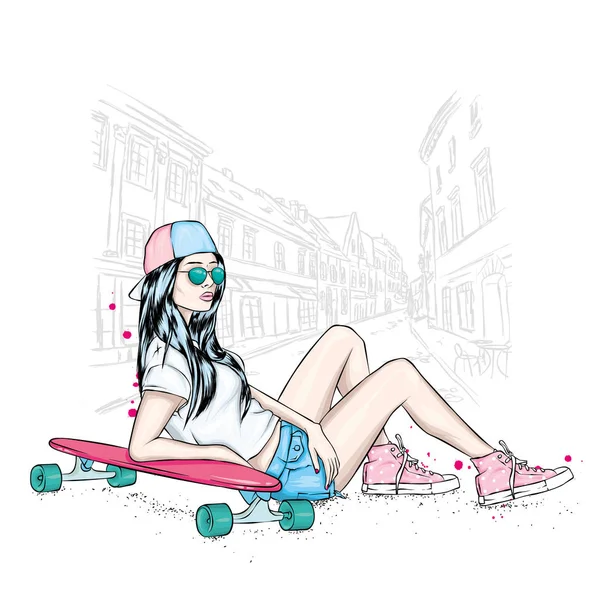 Patineur Élégant Jeans Baskets Skateboard Illustration Vectorielle Pour Une Carte — Image vectorielle