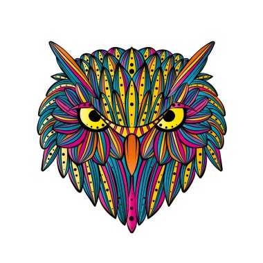 Vektör el baykuş yüz çekilmiş. Zentangle sanat. Etnik desenli Gösterim amacıyla antistress t-shirt Boyama kitabı, dövme, poster, yazdırma,.