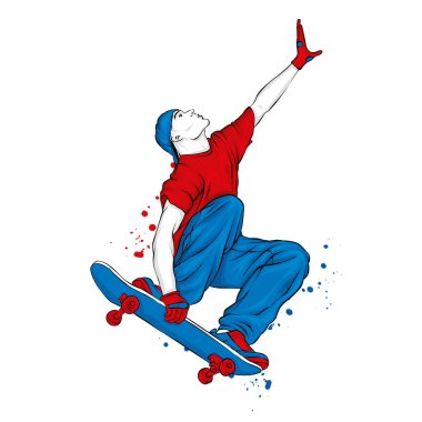 Kot pantolon ve spor ayakkabı giyen şık bir patenci. Kaykay mı? Bir kartpostal ya da poster için vektör çizimi, giysiler için baskı. Sokak kültürleri.