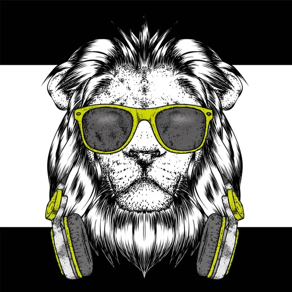 Ένα Όμορφο Λιοντάρι Φορώντας Ακουστικά Και Γυαλιά Εικονογράφηση Διάνυσμα Για — Διανυσματικό Αρχείο