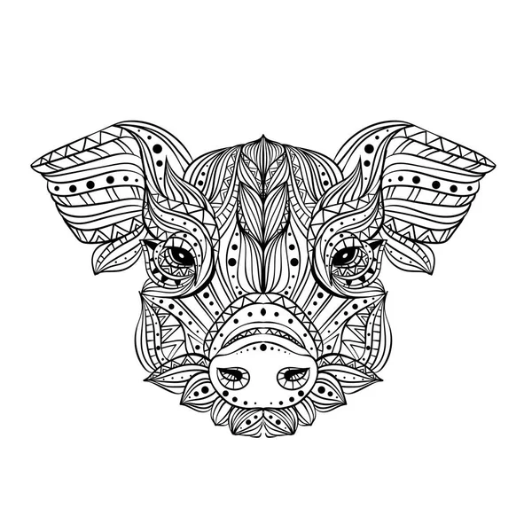 Cabeça Javali Meditação Coloração Mandala Cabeça Porco Com Presas Cabelo — Vetor de Stock