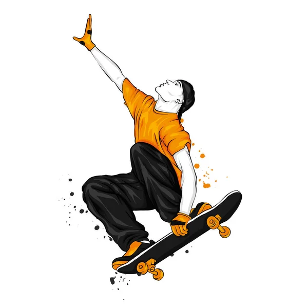ジーンズやスニーカーでスタイリッシュなスケーター スケートボード ポスターやポスターのベクトルイラスト 服のプリント ストリートカルチャー — ストックベクタ