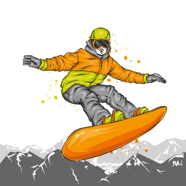 Ένας Snowboarder Πολύχρωμα Ρούχα Εικονογράφηση Διάνυσμα Extreme Σπορ Υπαίθριες Δραστηριότητες — Διανυσματικό Αρχείο