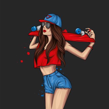 Güzel kızlar üstleri ve kaykay ile şort. Vektör çizim için bir kartpostal veya bir poster. Parlak, renkli çizimi.