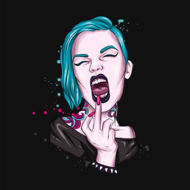 Stylish girl laughs and shows the middle finger. Punk and rock. Fashion and style, vector illustration. clipart
