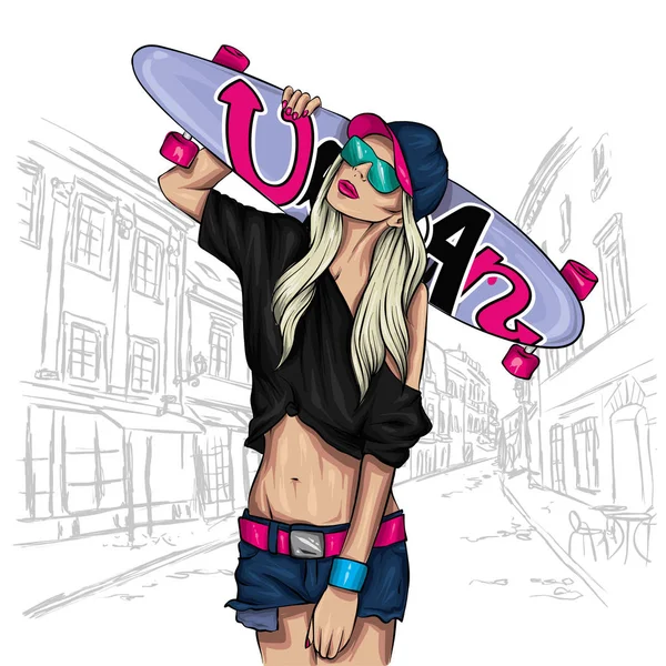 Jolies Filles Hauts Shorts Avec Skateboard Illustration Vectorielle Pour Une — Image vectorielle