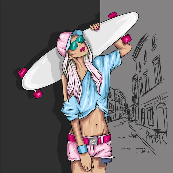 Gadis Cantik Atas Dan Celana Pendek Dengan Skateboard Ilustrasi Vektor - Stok Vektor
