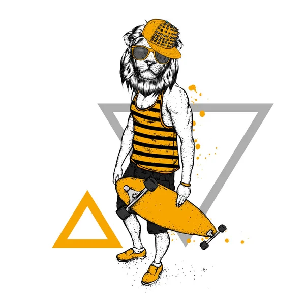 Stylish lion-skater in jeans and sneakers. Skateboard. Vector illustration for a postcard or a poster, print for clothes. Street cultures. Leo.