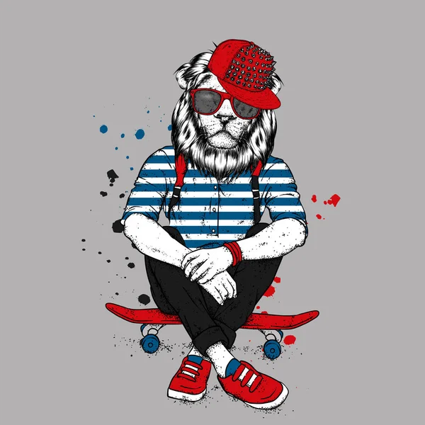 Stylish lion-skater in jeans and sneakers. Skateboard. Vector illustration for a postcard or a poster, print for clothes. Street cultures. Leo.