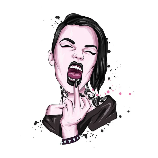 Stylish Girl Laughs Shows Middle Finger Punk Rock Fashion Style Stock Vector