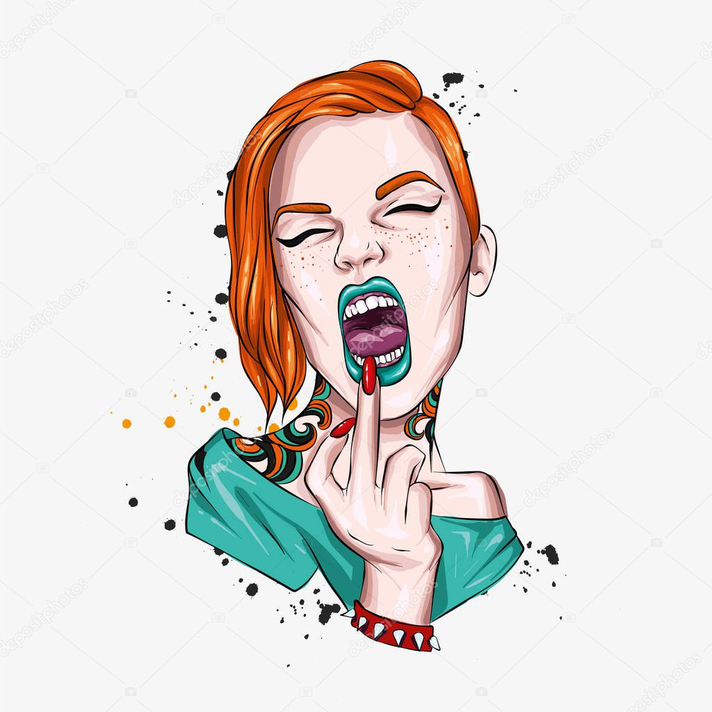Stylish girl laughs and shows the middle finger. Punk and rock. Fashion and style, vector illustration.