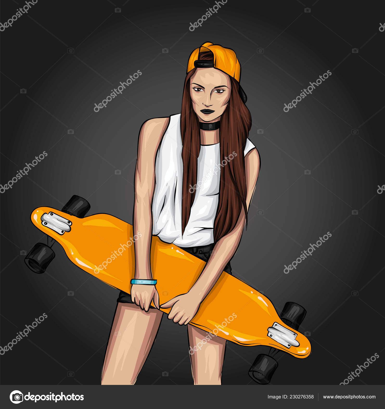 Chicas Guapas Tops Shorts Con Monopatin Ilustracion Vectorial Para Una Vector de stock 230276358 de JuliaGrin