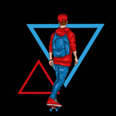 Şık bir patenci. Yakışıklı bir adam. Sokak spor. Vektör çizim bir kartpostal veya poster, giysiler için yazdırma için. Atlet.