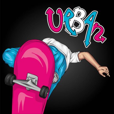 Şık bir patenci. Yakışıklı bir adam. Sokak spor. Vektör çizim bir kartpostal veya poster, giysiler için yazdırma için. Atlet.