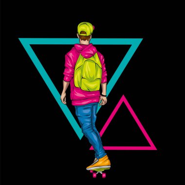 Şık bir patenci. Yakışıklı bir adam. Sokak spor. Vektör çizim bir kartpostal veya poster, giysiler için yazdırma için. Atlet.