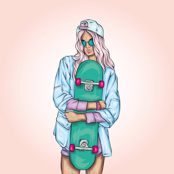 Красивые девушки в топах и шортах со скейтбордом. Векторная иллюстрация для открытки или плаката. Яркий, красочный рисунок
.