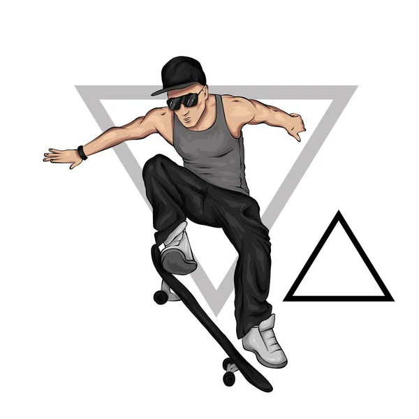 A stylish skater. A handsome guy. Street sports. Vector illustration for a postcard or a poster, print for clothes. Athlete.