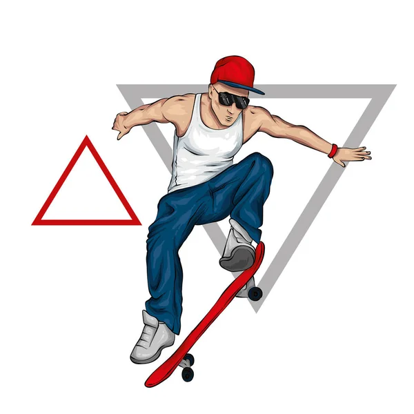 A stylish skater. A handsome guy. Street sports. Vector illustration for a postcard or a poster, print for clothes. Athlete.