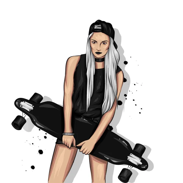 Hübsche Mädchen Tops Und Shorts Mit Skateboard Vektorillustration Für Eine — Stockvektor
