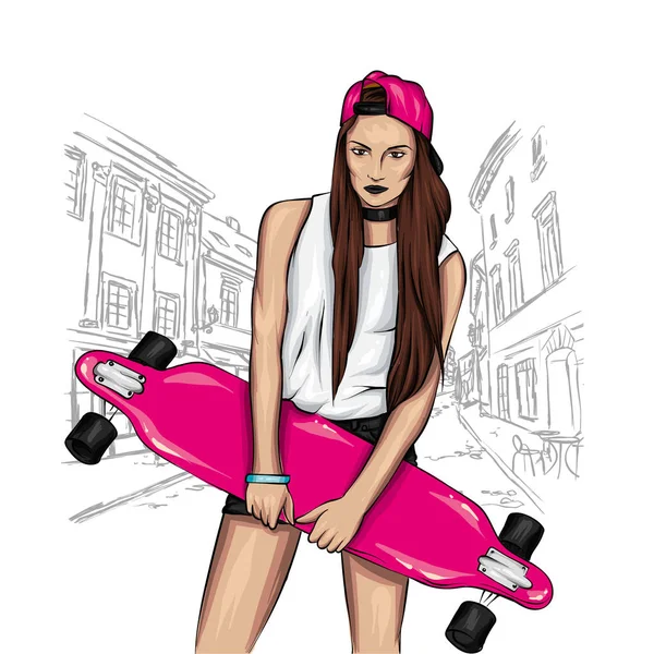 Pretty Girls Tops Shorts Skateboard Vector Illustration Postcard Poster Bright — Stock Vector