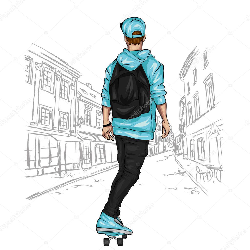 A stylish skater. A handsome guy. Street sports. Vector illustration for a postcard or a poster, print for clothes. Athlete.