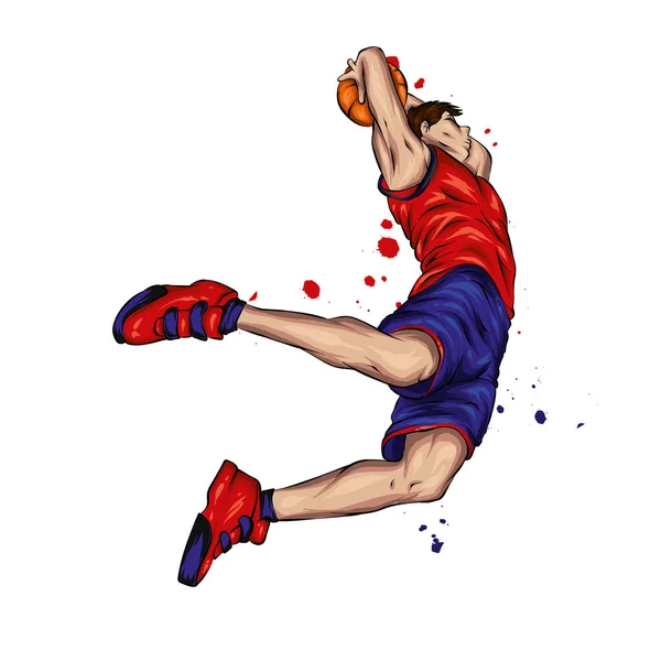 Jogador Basquetebol Saltar Com Bola Tipo Homem Calções Uma Shirt — Vetor de Stock