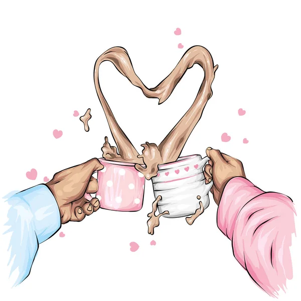 Две Чашки Спрей Кофе Форме Сердца Векторная Иллюстрация Love Valentine — стоковый вектор