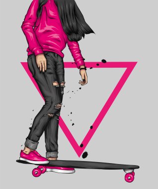 Güzel kızlar üstleri ve kaykay ile şort. Vektör çizim için bir kartpostal veya bir poster. Parlak, renkli çizimi.