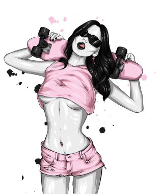 Güzel kızlar üstleri ve kaykay ile şort. Vektör çizim için bir kartpostal veya bir poster. Parlak, renkli çizimi.