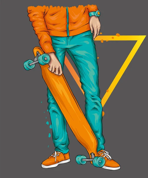 穿着牛仔裤和运动鞋的时髦滑雪者 明信片或海报的矢量插图 服装的印刷品 街头文化 — 图库矢量图片