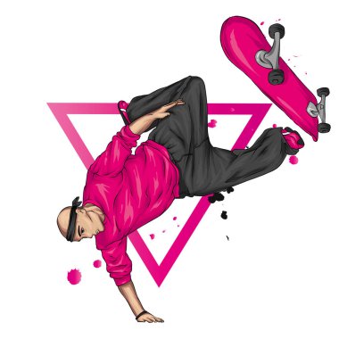 Kot pantolon ve spor ayakkabı giyen şık bir patenci. Kaykay mı? Bir kartpostal ya da poster için vektör çizimi, giysiler için baskı. Sokak kültürleri.