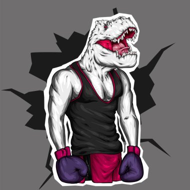 Spor giyim ve boks eldivenlerinde dinozor. Pompalanmış adam. Sporcu. Tebrik kartı veya poster için vektör çizimi. Dinozor kafası olan bir atlet. Atletik adam.