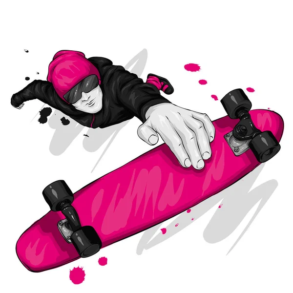 Stylish Skater Jeans Sneakers Skateboard Vector Illustration Postcard Poster Print — Stock Vector