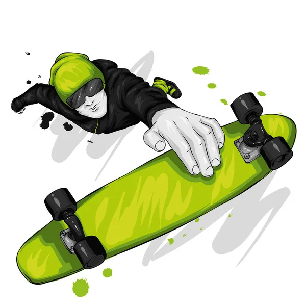 Stylová Brusle Džínách Teniskách Skateboard Vektorová Ilustrace Pohlednice Nebo Plakátu — Stockový vektor