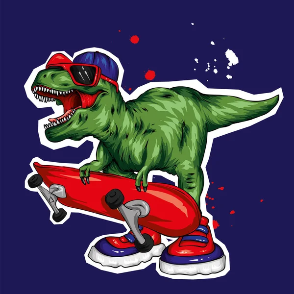 Dinozor. Parlak vektör çizimi. Çizgi film sürüngeni. Tyrannosaur. Elbiselerde parmak izi, kartpostal çizimleri. Hippi. Patenci. Spor. Kaykay, aşırı..
