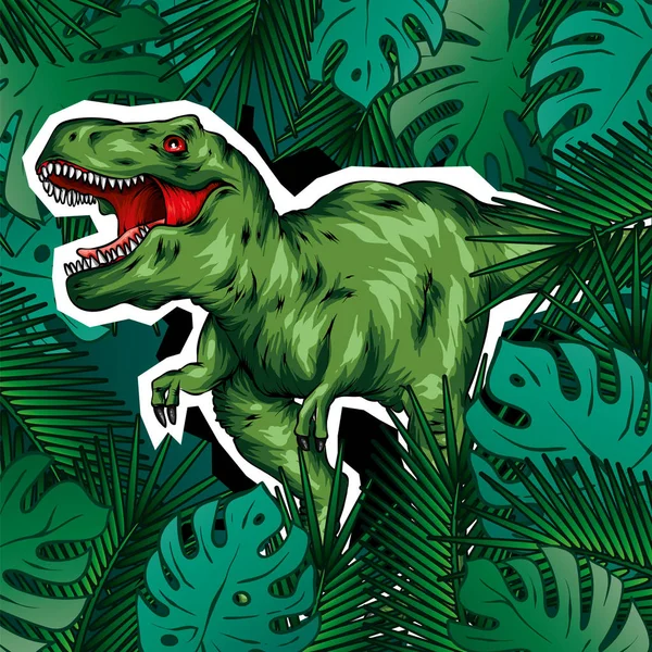 Dinozor. Parlak vektör çizimi. Çizgi film sürüngeni. Tyrannosaur. Elbiselerde parmak izi, kartpostal çizimleri. Hippi..
