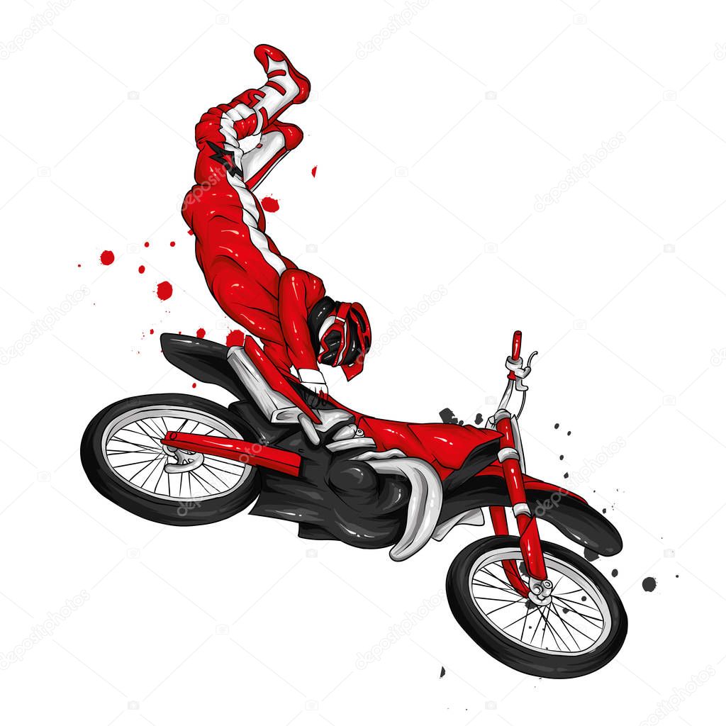 Biker riding a vintage motorcycle. Vector illustration, extreme sport.
