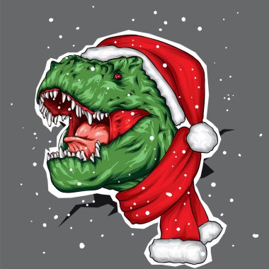 Dinozor. Parlak vektör çizimi. Çizgi film sürüngeni. Tyrannosaur. Elbiselerde parmak izi, kartpostal çizimleri. Hippi. Noel ve Yeni Yıl. Noel Baba şapkası.