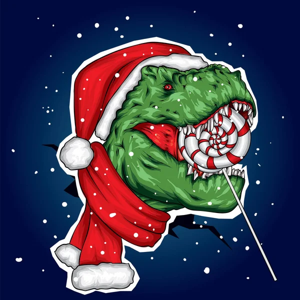 Dinozor. Parlak vektör çizimi. Çizgi film sürüngeni. Tyrannosaur. Elbiselerde parmak izi, kartpostal çizimleri. Hippi. Noel ve Yeni Yıl. Noel Baba şapkası. Şeker, şeker, sopa.