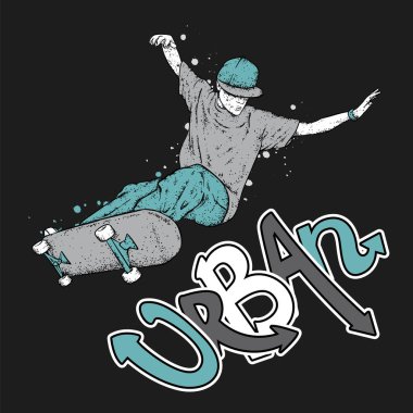 Kot pantolon ve spor ayakkabı giyen şık bir patenci. Kaykay mı? Bir kartpostal ya da poster için vektör çizimi, giysiler için baskı. Sokak kültürleri.