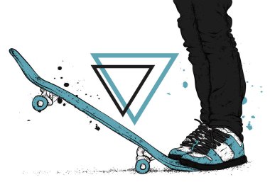 Kot pantolon ve spor ayakkabı giyen şık bir patenci. Kaykay mı? Bir kartpostal ya da poster için vektör çizimi, giysiler için baskı. Sokak kültürleri.