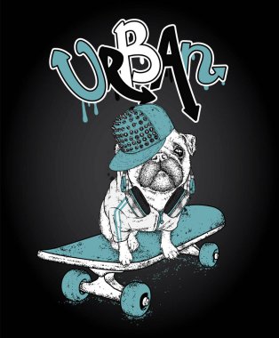 Kaykaylı komik bir köpek. Vektör çizimi. Soylu köpek. Köpek yavrusu kulaklık takıyor..