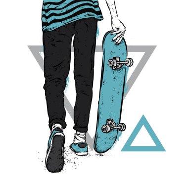 Kot pantolon ve spor ayakkabı giyen şık bir patenci. Kaykay mı? Bir kartpostal ya da poster için vektör çizimi, giysiler için baskı. Sokak kültürleri.