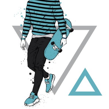 Kot pantolon ve spor ayakkabı giyen şık bir patenci. Kaykay mı? Bir kartpostal ya da poster için vektör çizimi, giysiler için baskı. Sokak kültürleri.