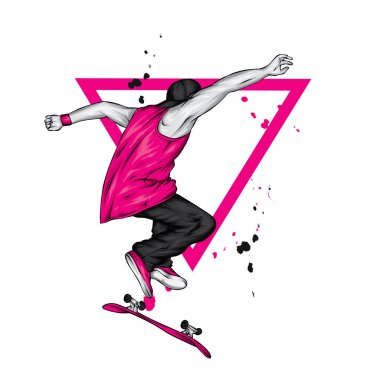 Kot pantolon ve spor ayakkabı giyen şık bir patenci. Kaykay mı? Bir kartpostal ya da poster için vektör çizimi, giysiler için baskı. Sokak kültürleri.