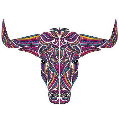 Boynuzlu boğa. Etnik kalıplar. Kart ya da poster için vektör illüstrasyon, kıyafetlerin üzerine baskı. 2021.